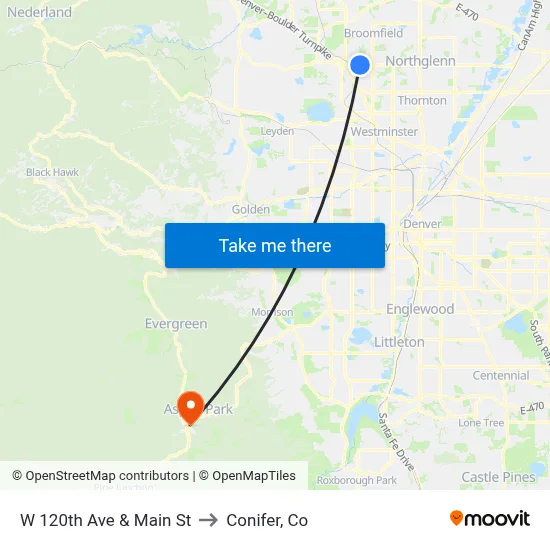 W 120th Ave & Main St to Conifer, Co map