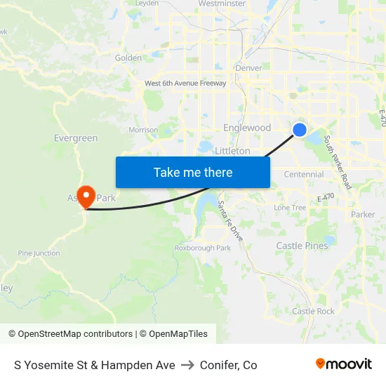 S Yosemite St & Hampden Ave to Conifer, Co map