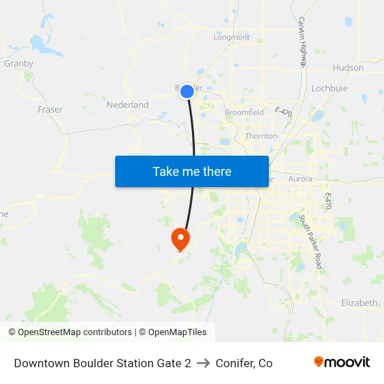 Downtown Boulder Station Gate 2 to Conifer, Co map