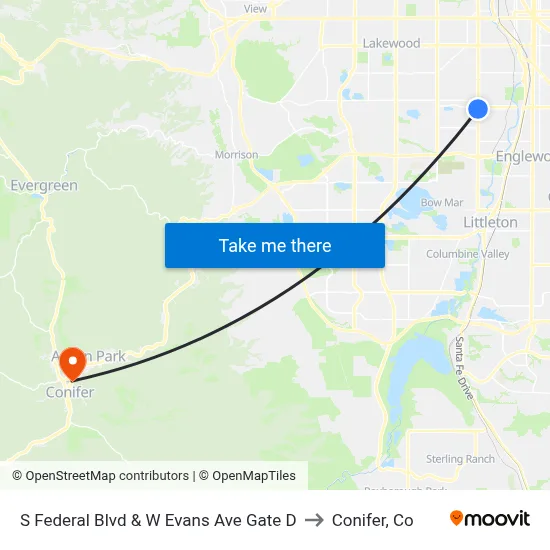 S Federal Blvd & W Evans Ave Gate D to Conifer, Co map