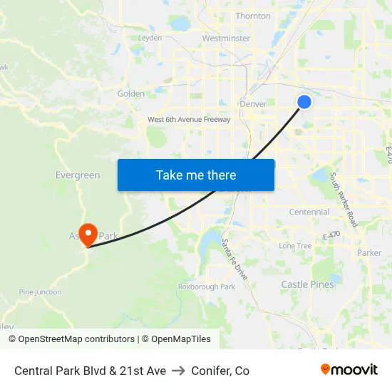 Central Park Blvd & 21st Ave to Conifer, Co map
