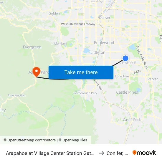 Arapahoe at Village Center Station Gate B to Conifer, Co map