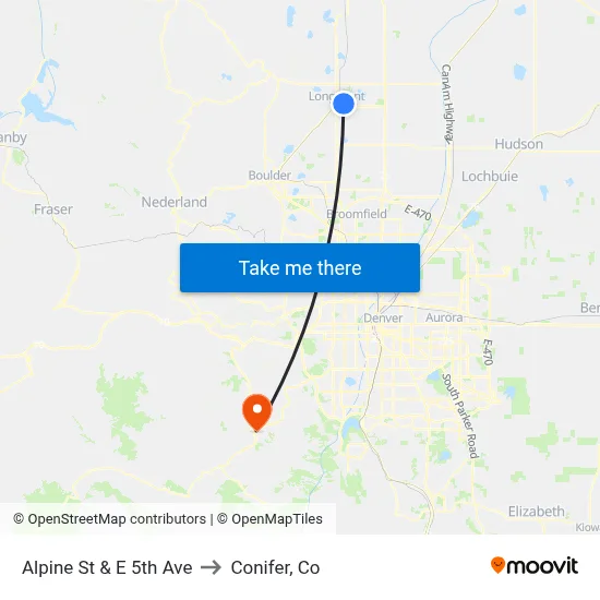 Alpine St & E 5th Ave to Conifer, Co map