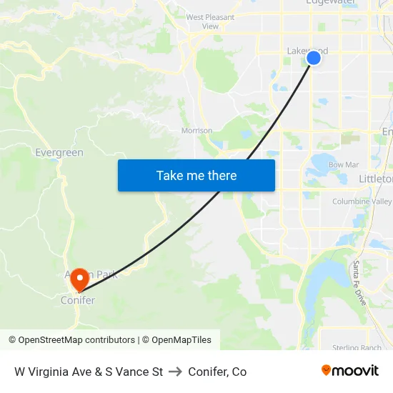 W Virginia Ave & S Vance St to Conifer, Co map