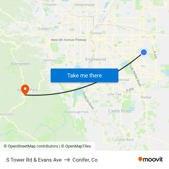 S Tower Rd & Evans Ave to Conifer, Co map