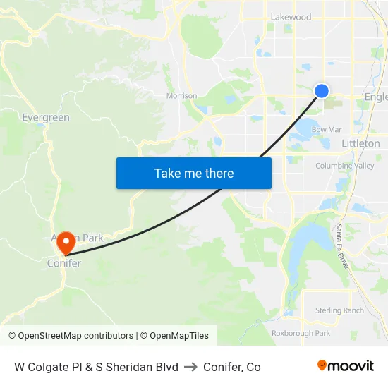 W Colgate Pl & S Sheridan Blvd to Conifer, Co map