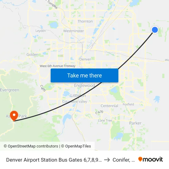 Denver Airport Station Bus Gates 6,7,8,9 & 10 to Conifer, Co map