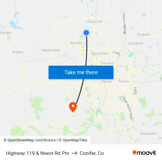 Highway 119 & Niwot Rd Pnr to Conifer, Co map