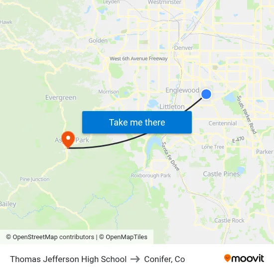Thomas Jefferson High School to Conifer, Co map