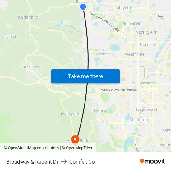 Broadway & Regent Dr to Conifer, Co map