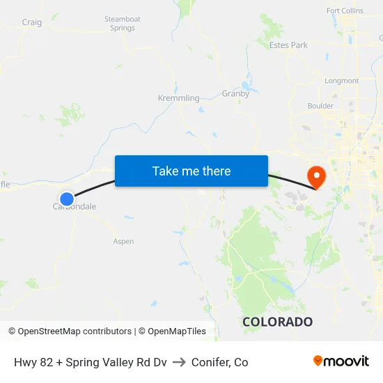Hwy 82 + Spring Valley Rd Dv to Conifer, Co map