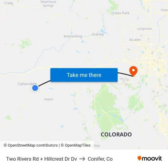 Two Rivers Rd + Hillcrest Dr Dv to Conifer, Co map