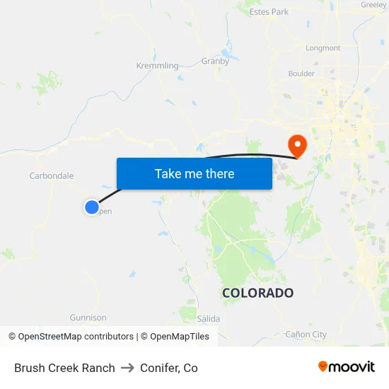 Brush Creek Ranch to Conifer, Co map