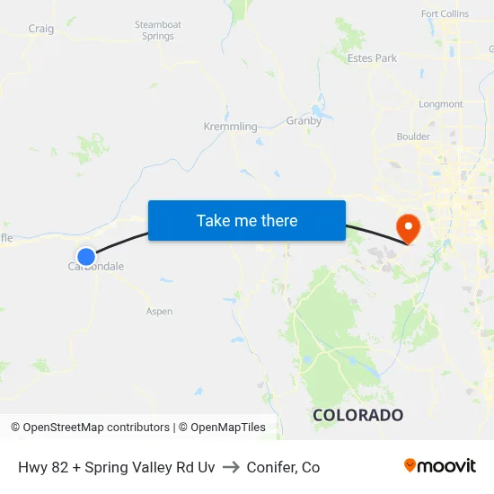Hwy 82 + Spring Valley Rd Uv to Conifer, Co map