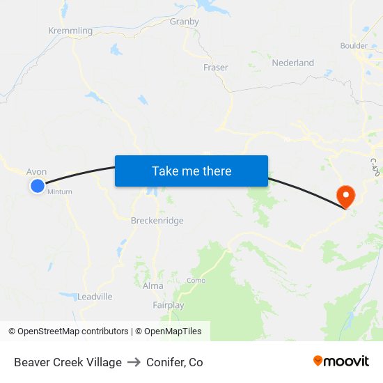 Beaver Creek Village to Conifer, Co map