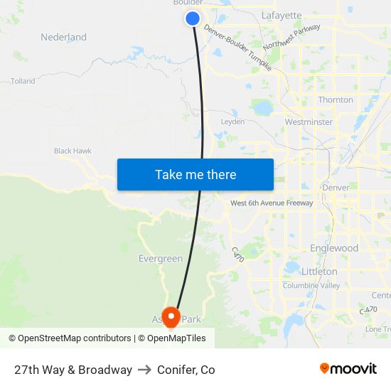 27th Way & Broadway to Conifer, Co map