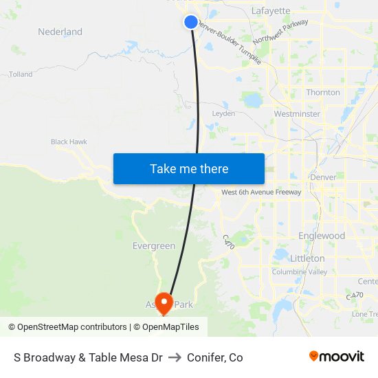 S Broadway & Table Mesa Dr to Conifer, Co map