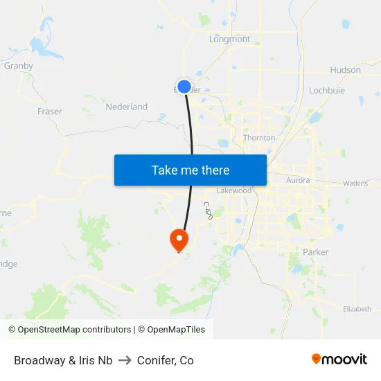 Broadway & Iris Nb to Conifer, Co map