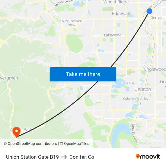 Union Station Gate B19 to Conifer, Co map