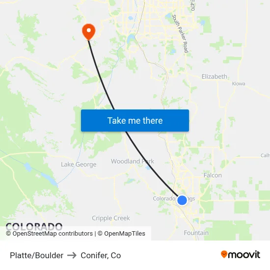 Platte/Boulder to Conifer, Co map