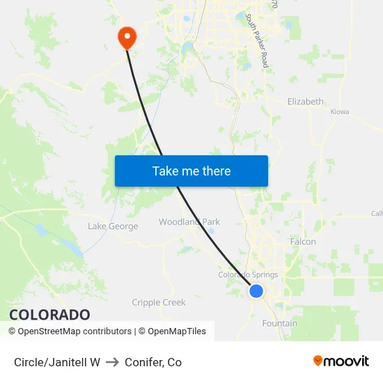 Circle/Janitell W to Conifer, Co map
