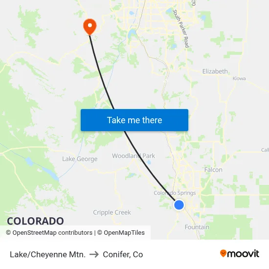 Lake/Cheyenne Mtn. to Conifer, Co map