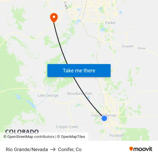 Rio Grande/Nevada to Conifer, Co map
