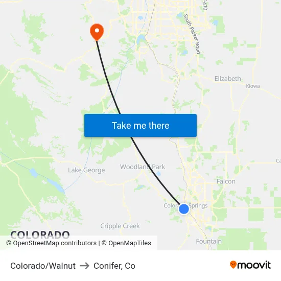 Colorado/Walnut to Conifer, Co map