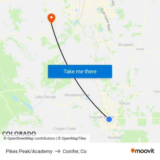 Pikes Peak/Academy to Conifer, Co map