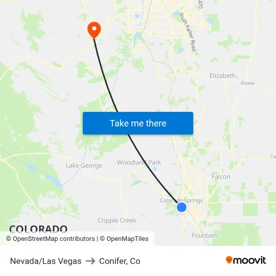 Nevada/Las Vegas to Conifer, Co map