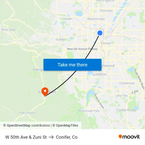 W 50th Ave & Zuni St to Conifer, Co map