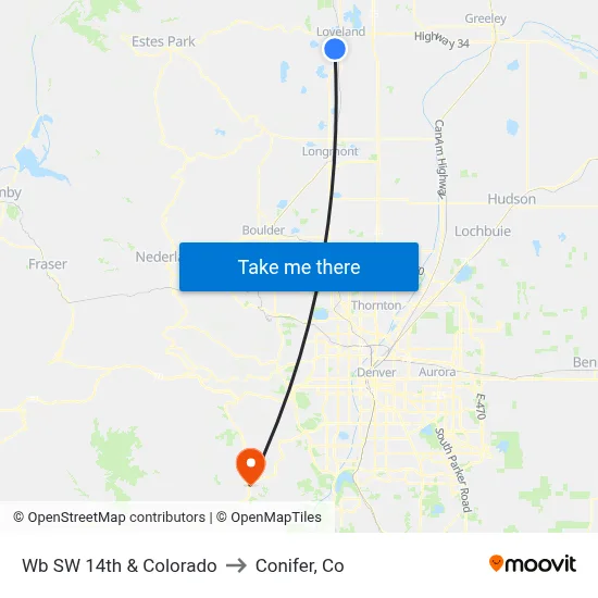 Wb SW 14th & Colorado to Conifer, Co map