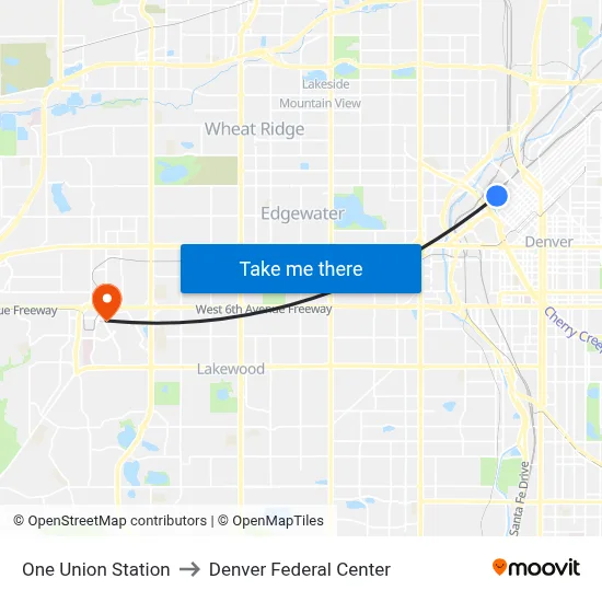 One Union Station to Denver Federal Center map