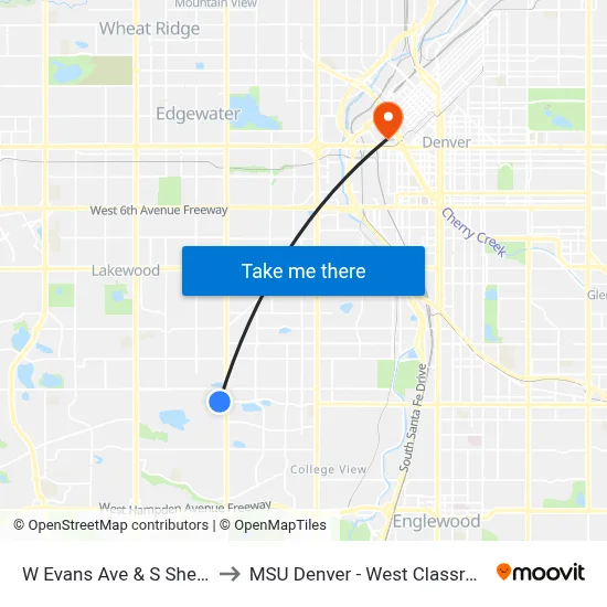 W Evans Ave & S Sheridan Blvd to MSU Denver - West Classroom Building map
