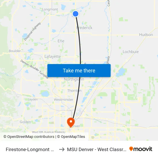 Firestone-Longmont Mobility Hub to MSU Denver - West Classroom Building map