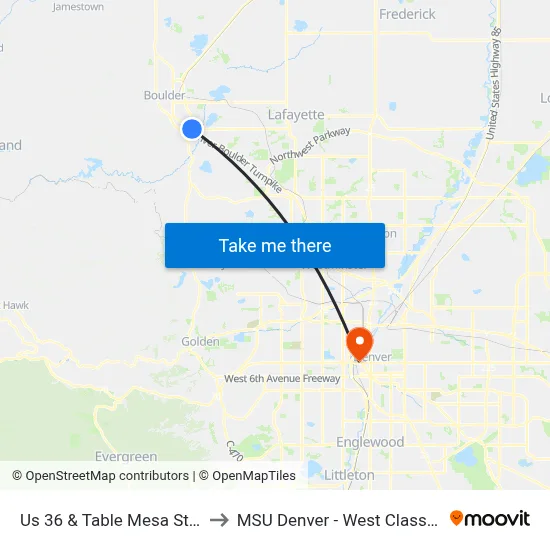 Us 36 & Table Mesa Station Gate B to MSU Denver - West Classroom Building map