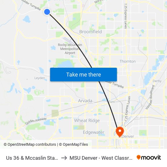 Us 36 & Mccaslin Station Gate E to MSU Denver - West Classroom Building map