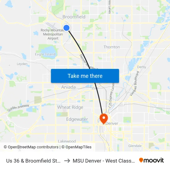 Us 36 & Broomfield Station Gate P to MSU Denver - West Classroom Building map
