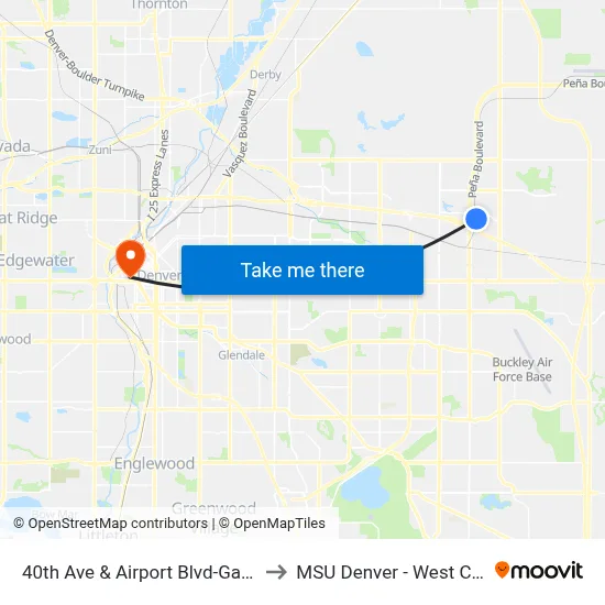 40th Ave & Airport Blvd-Gateway Park Stn Gate D to MSU Denver - West Classroom Building map