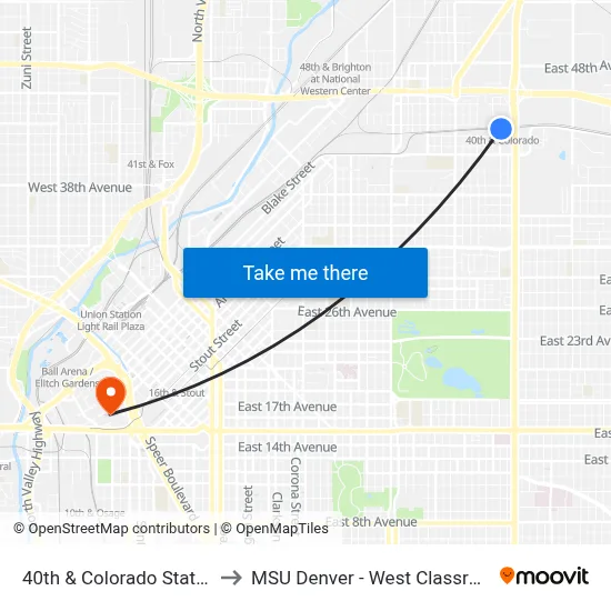 40th & Colorado Station Gate B to MSU Denver - West Classroom Building map