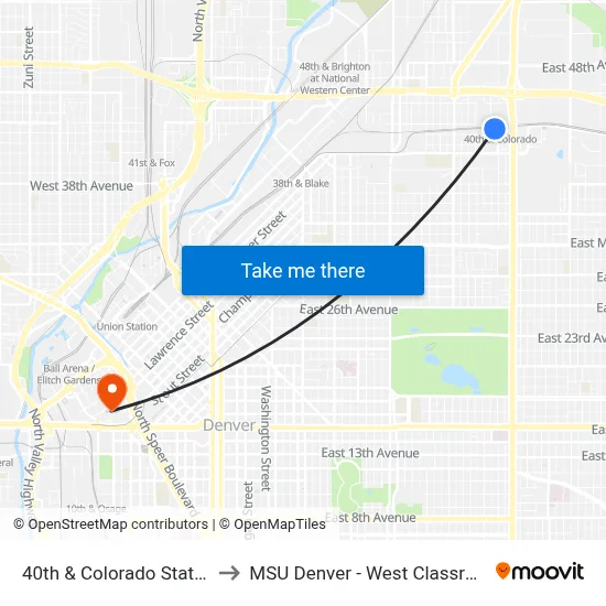 40th & Colorado Station Gate D to MSU Denver - West Classroom Building map