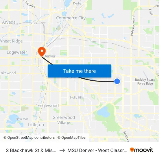 S Blackhawk St & Mississippi Ave to MSU Denver - West Classroom Building map