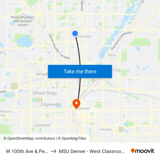 W 100th Ave & Pecos St to MSU Denver - West Classroom Building map