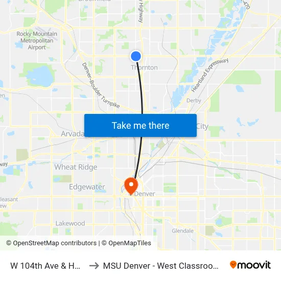 W 104th Ave & Huron St to MSU Denver - West Classroom Building map