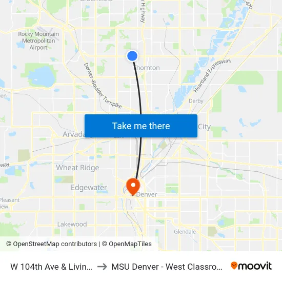 W 104th Ave & Livingston Dr to MSU Denver - West Classroom Building map