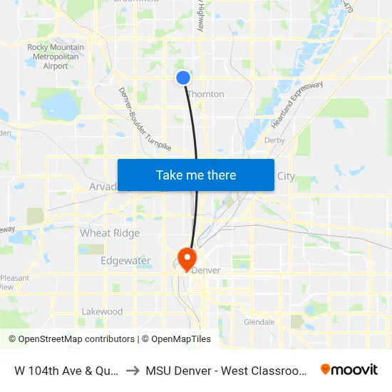 W 104th Ave & Quivas St to MSU Denver - West Classroom Building map