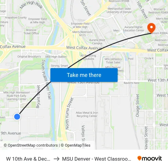 W 10th Ave & Decatur St to MSU Denver - West Classroom Building map