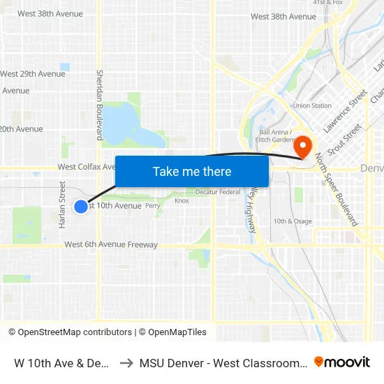 W 10th Ave & Depew St to MSU Denver - West Classroom Building map