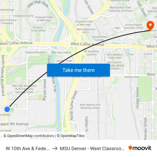 W 10th Ave & Federal Blvd to MSU Denver - West Classroom Building map