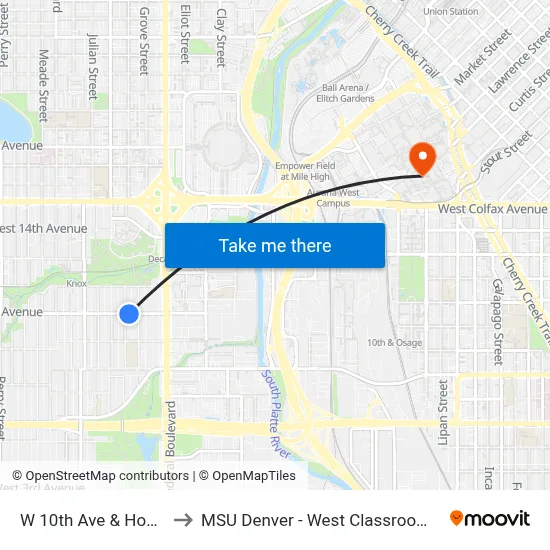 W 10th Ave & Hooker St to MSU Denver - West Classroom Building map